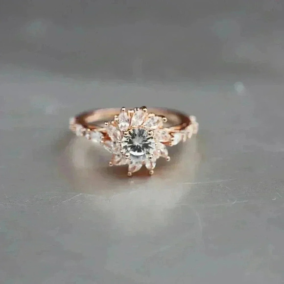 Beautiful 14k Rose Gold Over Sterling Silver Diamond Flower Ring - Picture 3 of 7
